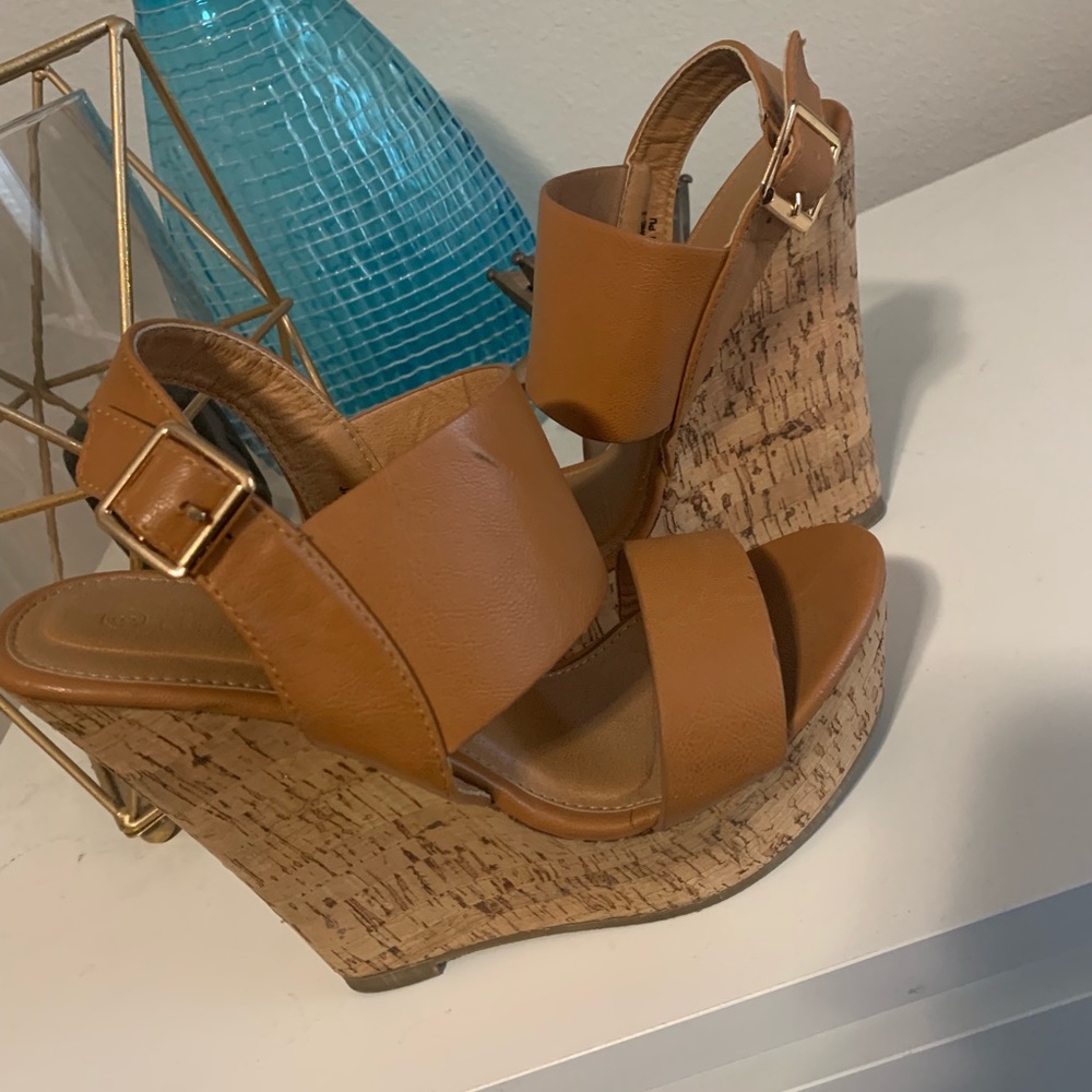 Brown Leather, cork heel wedges